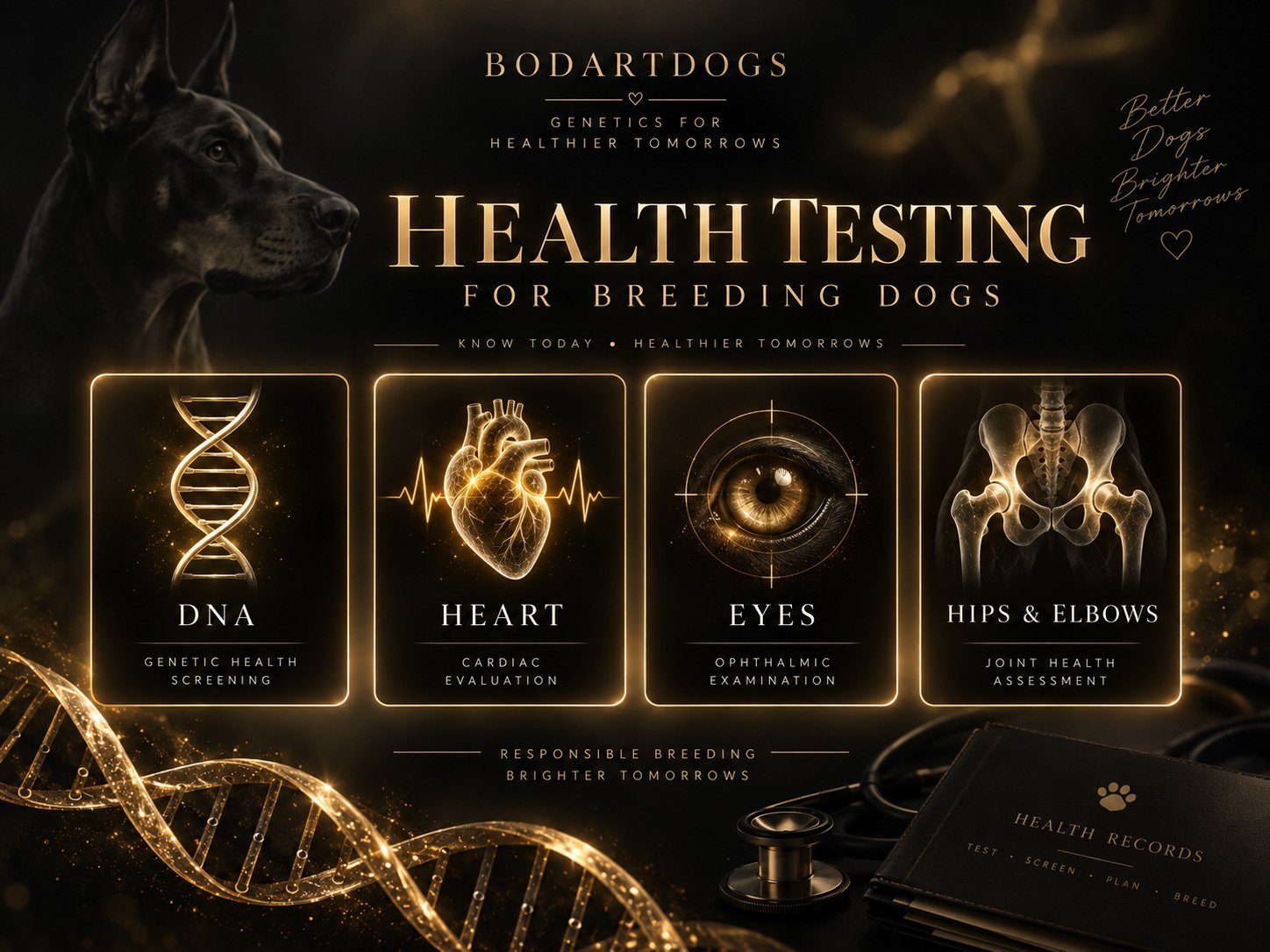 Featured image for an article about health testing for breeding dogs, showing breeder-focused genetic and health screening concepts in a dark gold visual style.