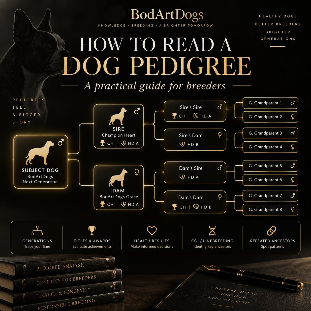 Pedigree chart illustrating generations, sire and dam lines, repeated ancestors and breeding information for dog breeders.