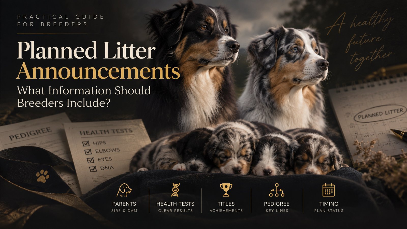 Planned litter announcement graphic showing sire and dam, puppies, pedigree, health tests, titles and timing information for dog breeders.