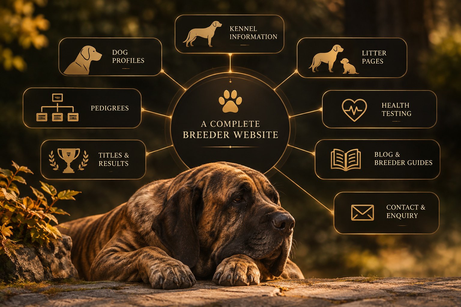 Dog breeder website showing an individual Fila Brasileiro profile, pedigree structure, health information and kennel content.