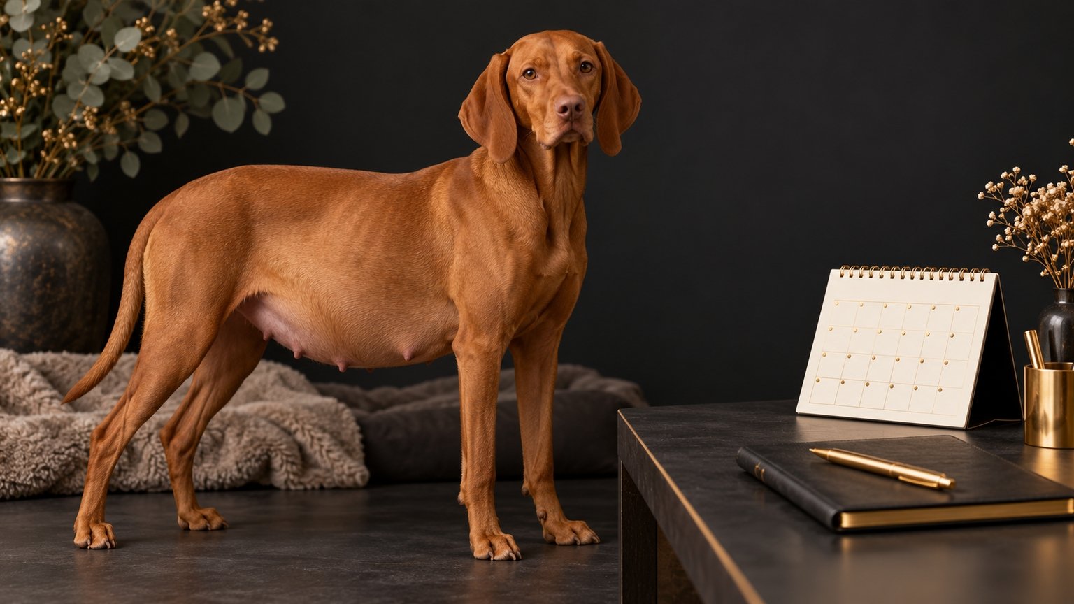 Pregnant Hungarian Vizsla beside a breeder planning notebook and calendar
