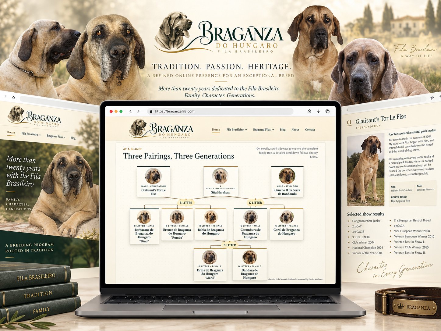 Complete dog breeder website showing kennel presentation, Fila Brasileiro dogs, individual dog information and a multi-generation family tree.