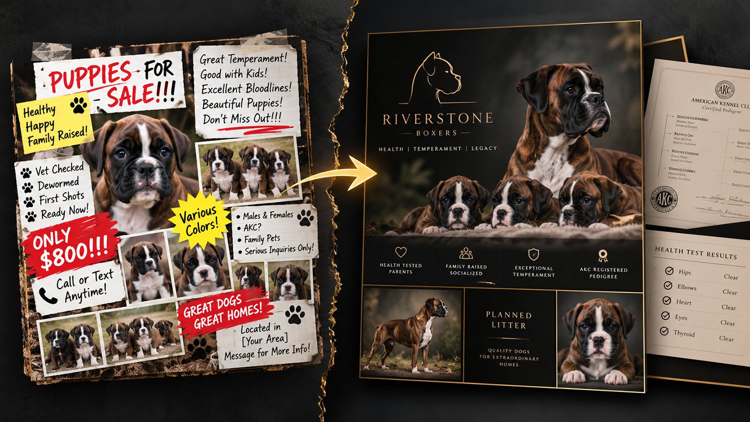 Comparison of a cluttered puppy advertisement and a clear professional breeder graphic