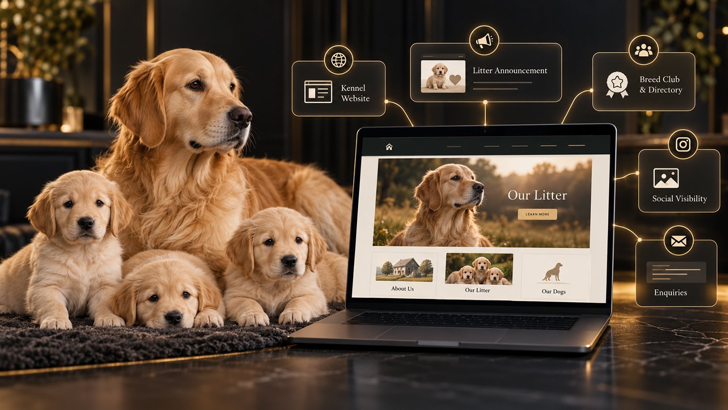 Dog breeder website connecting litter announcements, breed clubs, social media and enquiries