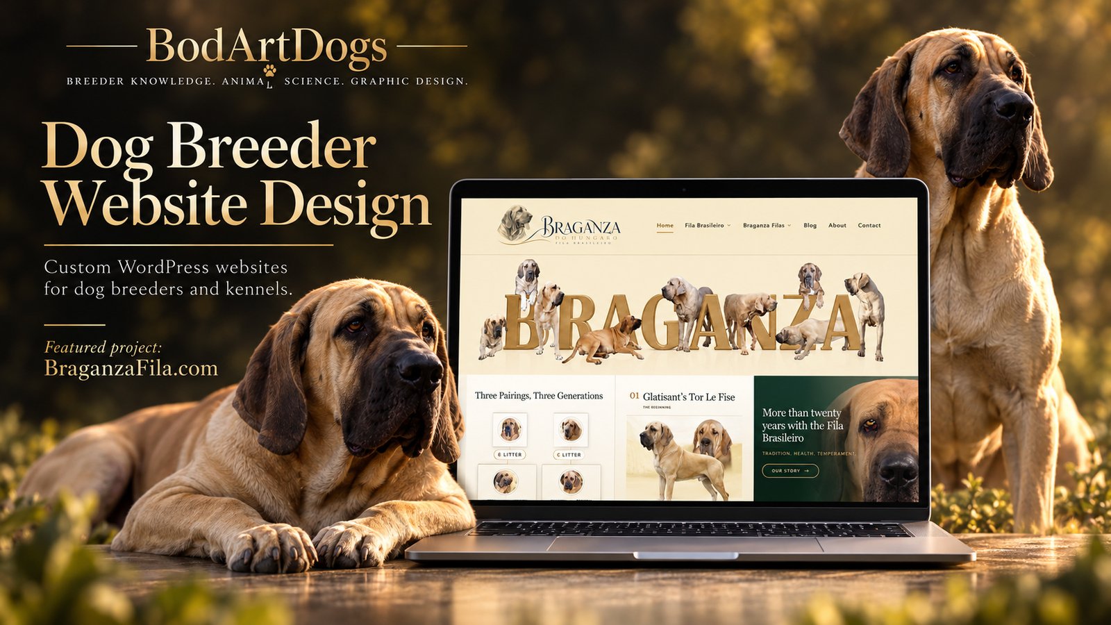 Dog breeder website design by BodArtDogs featuring a custom WordPress kennel website and Fila Brasileiro dogs.