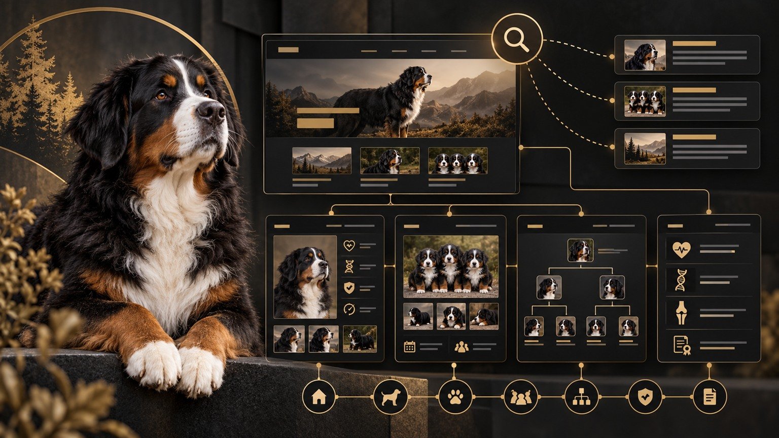 Dog breeder website structure showing dog profiles, litters, pedigree, health information and search visibility