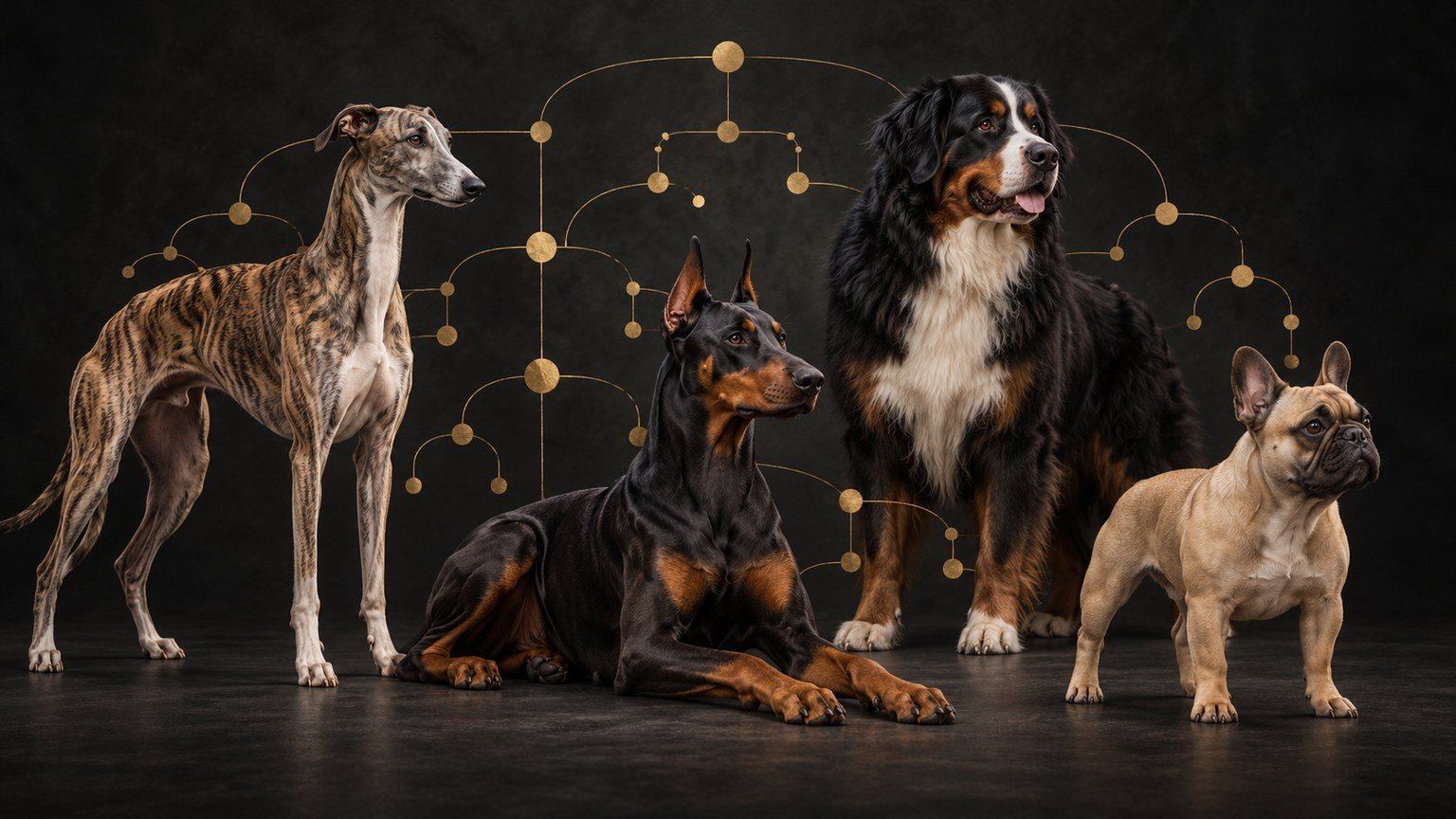Several breeding dogs connected by diverse pedigree lineages representing genetic diversity