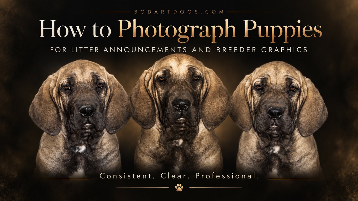 Three puppies photographed consistently for litter announcements and breeder graphics