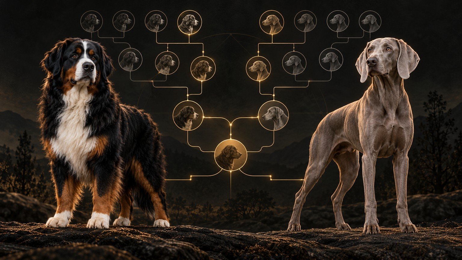 Two breeding dogs with a shared pedigree illustrating linebreeding and inbreeding