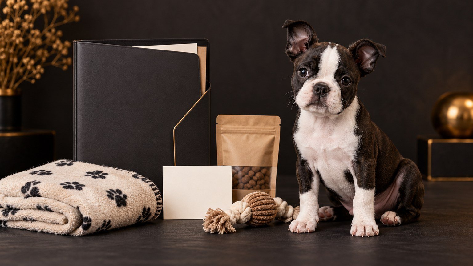 Boston terrier puppy beside an organised breeder puppy pack with records, blanket, toy and food sample