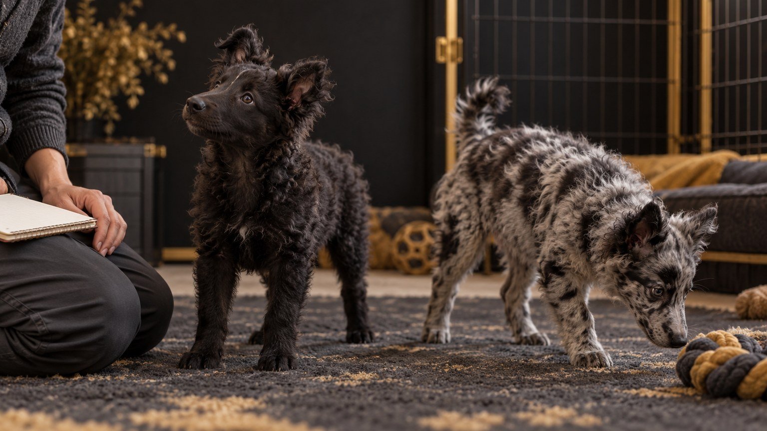 Two Mudi puppies being calmly observed by a breeder during puppy matching